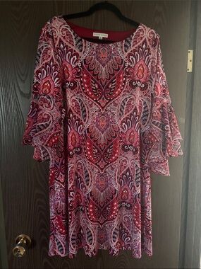 Sandra Darren Red and Pink Paisley Midi Dress